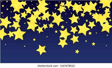Abstract Background with Many Random Falling Yellow Stars Confetti. Invitation Background. Banner, Greeting Card, Christmas card, Postcard, Packaging, Textile Print. Beautiful Night Sky. Vector 