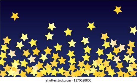 Abstract Background with Many Random Falling Yellow Stars Confetti. Invitation Background. 
 Banner, Greeting Card, Christmas card, Postcard, Packaging, Textile Print. Beautiful Night Sky. Vector 
