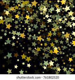 Abstract Background with Many Random Falling Golden Stars Confetti on Background.  Invitation Background. Banner, Greeting Card, Christmas and New Year card, Postcard, Packaging, Textile Print