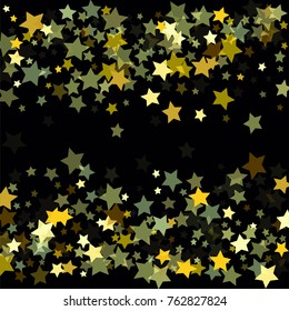 Abstract Background with Many Random Falling Golden Stars Confetti on Background.  Invitation Background. Banner, Greeting Card, Christmas and New Year card, Postcard, Packaging, Textile Print