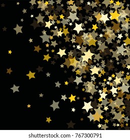 Abstract Background with Many Random Falling Golden Stars Confetti on Background.  Invitation Background. Banner, Greeting Card, Christmas and New Year card, Postcard, Packaging, Textile Print