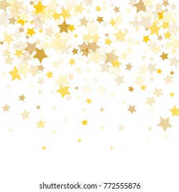 Abstract Background with Many Random Falling Golden Stars Confetti on Background.  Invitation Background. Banner, Greeting Card, Christmas and New Year card, Postcard, Packaging, Textile Print