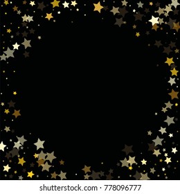 Abstract Background with Many Random Falling Golden Stars Confetti on Background.  Invitation Background. Banner, Greeting Card, Christmas and New Year card, Postcard, Packaging, Textile Print