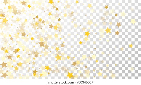 Abstract Background with Many Random Falling Golden Stars Confetti on Transparent Background. Invitation Background. Banner, Greeting Card, Christmas and New Year card, Postcard, Packaging