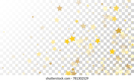 Abstract Background with Many Random Falling Golden Stars Confetti on Transparent Background. Invitation Background. Banner, Greeting Card, Christmas and New Year card, Postcard, Packaging