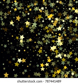 Abstract Background with Many Random Falling Golden Stars Confetti on Background.  Invitation Background. Banner, Greeting Card, Christmas and New Year card, Postcard, Packaging, Textile Print