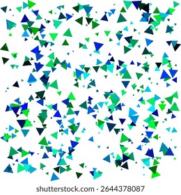 An abstract background with many randomly oriented and positioned green and blue triangles.
