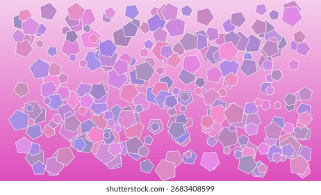 An abstract background with many randomly scattered overlapping pink and purple pentagons with varying size and white borders on a pink color gradient.