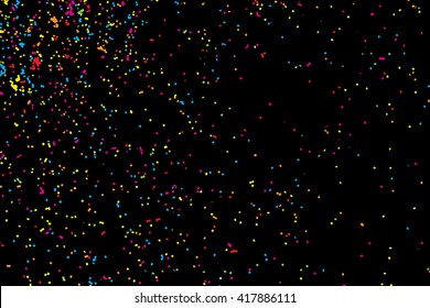 Abstract background with many splattered falling round glitter pieces. Sprinkle random pattern, confetti blow. Colorful celebration background with confetti isolated on black, holiday illustration.