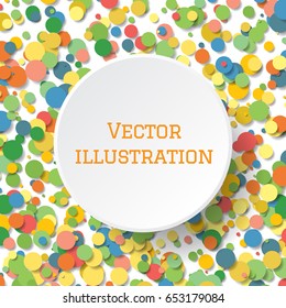 Abstract background with many tiny confetti pieces. White circle banner in center for your text. Colorful explosion of confetti, isolated on white background.