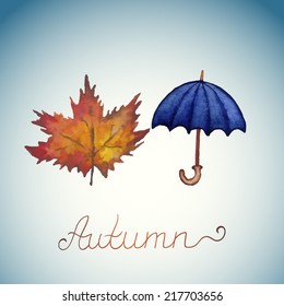  Abstract background with maple leaf and blue umbrella. Watercolor paint. Autumn theme. Can be used for card, invitation or some text.