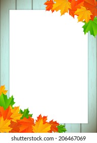 abstract background with maple leaves and blue wooden wall, vector illustration, eps 10 with transparency