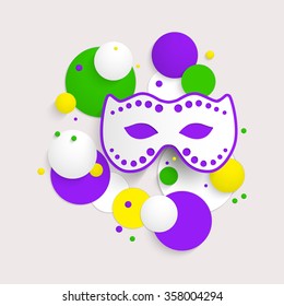 Abstract background with Mardi Gras party poster design. Template of invitation, flyer, poster or greeting card. Carnival mask with beads. Vector illustration.