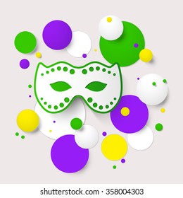Abstract background with Mardi Gras party poster design. Template of invitation, flyer, poster or greeting card. Carnival mask with beads. Vector illustration.