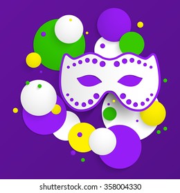 Abstract background with Mardi Gras party poster design. Template of invitation, flyer, poster or greeting card. Carnival mask with beads. Vector illustration.