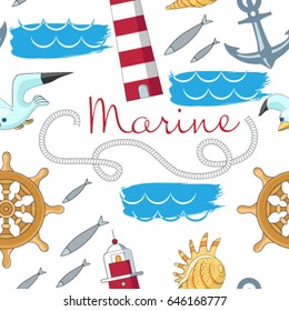 Abstract background marine attributes in vector. Children background. Painted sea seamless pattern. Marine life texture.  