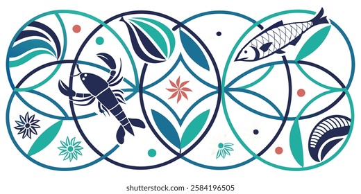 Abstract background with marine theme with fish, crayfish