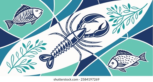 Abstract background with marine theme with fish, crayfish, seaweed