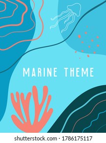 Abstract background marine theme. Template texture sea waves, ocean water, rivers, lakes. Water with a pattern of wavy lines. Frames for text. Great for covers, textile prints, wallpapers. Vector.