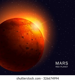 Abstract background with Mars Planet and bright red sunrise in space. Vector illustration