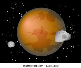 Abstract background with Mars Planet and its moons Phobos and Deimos. EPS10 vector illustration 
