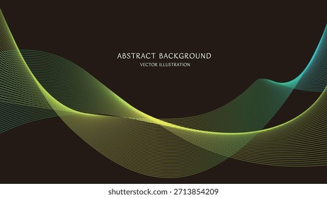 Abstraktes Hintergrundmaterial mit blauen und grünen Farbverlauf-Kurven auf schwarzem Hintergrund mit Textraum. Vektorgrafik im Format 16:9