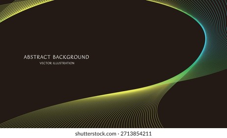 Abstraktes Hintergrundmaterial mit blauen und grünen Farbverlauf-Kurven auf schwarzem Hintergrund mit Textraum. Vektorgrafik im Format 16:9