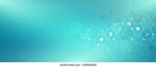 Abstract background of medicine with flat icons and symbols. Template design with concept and idea for healthcare technology, innovation medicine, health, science and research. Vector illustration