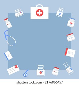 Abstrakter Hintergrund für die Medizin. Apotheke-Set. Medikamente, Medizinprodukte. Vektorgrafik im Flachstil.