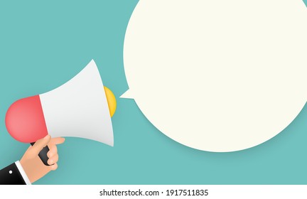 Abstract Background with Megaphone in human hand, speech bubble and copy space. Vector Illustration