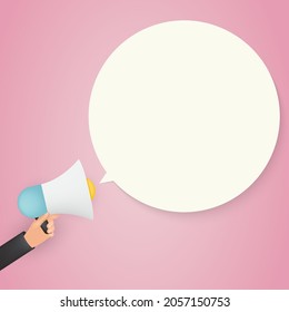 Abstract Background with Megaphone in human hand, speech bubble and copy space. Vector Illustration
