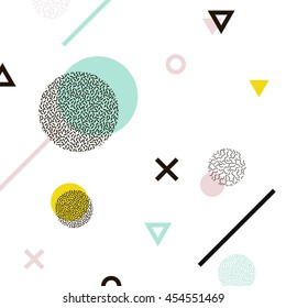 Abstract background, Memphis style. Fashion illustration with abstract geometric elements, lines, triangles, circles, and art texture, pastel colors