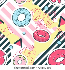 Abstract Background Memphis Style Geometric Shapes Seamless Pattern. Hipster Trendy Fashion Texture. Retro Fabric Poster with Donuts. Vector illustration 