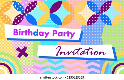 Abstract background in memphis style square birthday party invitation card
