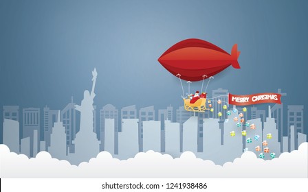 Abstract background Merry Christmas concept with Santa Claus on the sky coming to New York City USA in winter season.vector craft style.