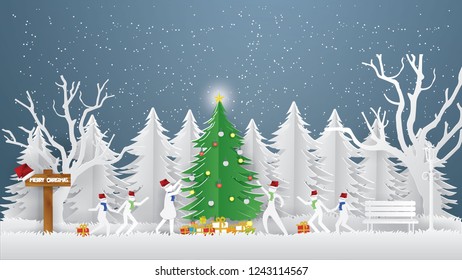 Abstract background Merry Christmas concept with Children are happy with the Christmas tree in winter season.vector and illustration craft style.