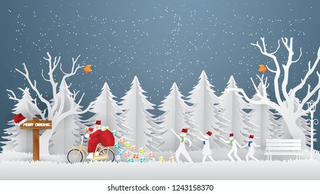 Abstract background Merry Christmas concept with Santa Claus  ride a bicycle with a gift bag behind.coming to Urban countryside city and Children are running in winter season  ,paper craft style 