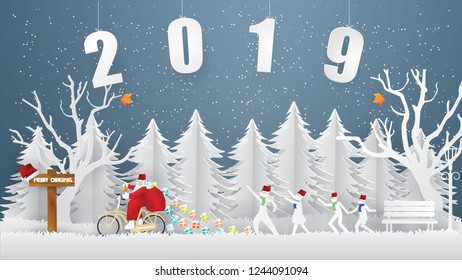 Abstract background Merry Christmas concept and Happy new year with Santa Claus ride a bicycle with a gift bag behind.coming to Urban countryside city and Children are running in winter season