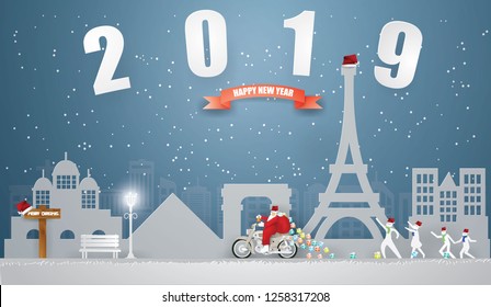 Abstract background Merry Christmas and Happy new year with Santa Claus riding motorcycle on the gray grass and Gift bag coming to France in winter,paper art and vector style  