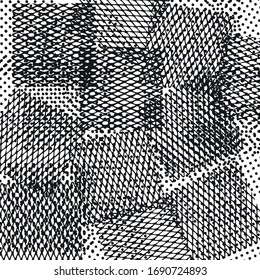 Abstract background with a mesh texture of chaotic black brush lines on a white canvas