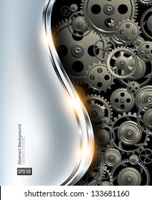 Abstract background metallic chrome silver with gears, vector.