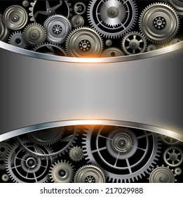 Abstract background metallic chrome silver with gears, vector.