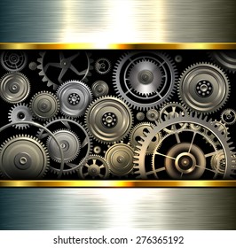 Abstract background metallic chrome silver with gears, vector illustration.