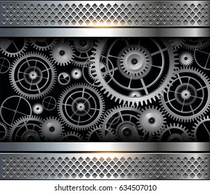 Abstract Background Metallic With Cogs And Gears, Vector.