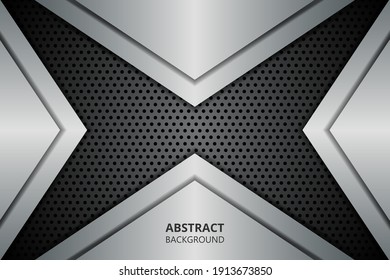 Fondo abstracto con formas geométricas metálicas sobre fibra de carbono. Patrón texturado de carbono con flechas metálicas de plata.