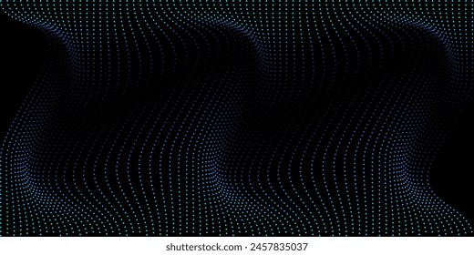 Fondo Abstractas en el metaverso concepto con luz azul y verde patrón de puntos ondulados. Ilustración vectorial de IA, red neuronal, realidad virtual o tecnología blockchain.