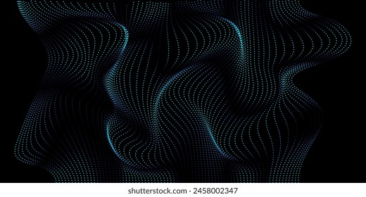 Fondo Abstractas en el concepto metaverso con un patrón de puntos ondulados de luz azul-verde. Ilustración vectorial de IA, redes neuronales, realidad virtual o tecnología blockchain.
