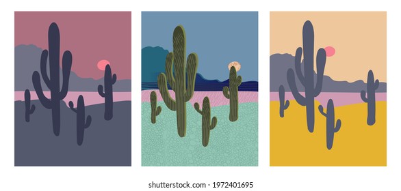 Abstract background, Mexican landscape, decorative pattern, cacti, hills, mountains, set of three illustrations. Vector illustration for design. 