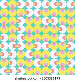 Abstract background of Mid-Century modern geometric round shapes. Vector seamless pattern with colorful circles. Psychedelic hippy style