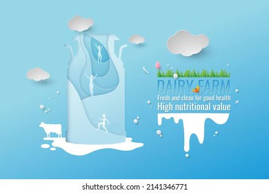 Abstract background with milk bucket and cow on the farm, art style paper cutting, vector illustration and design.